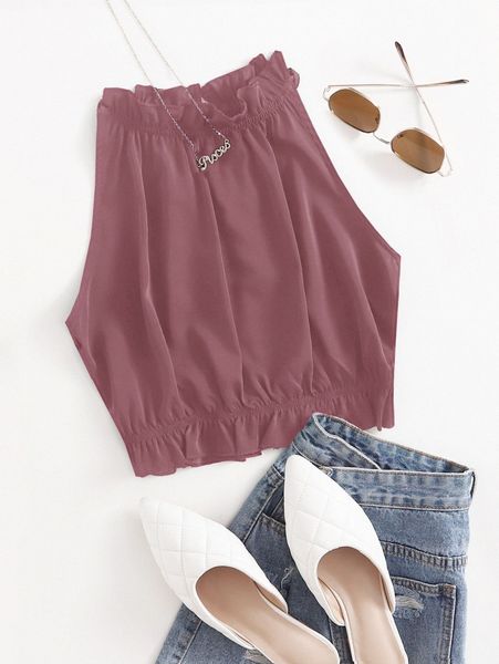 solid ruffle trim halter w8wq#, White
solid ruffle trim halter w8wq#, White