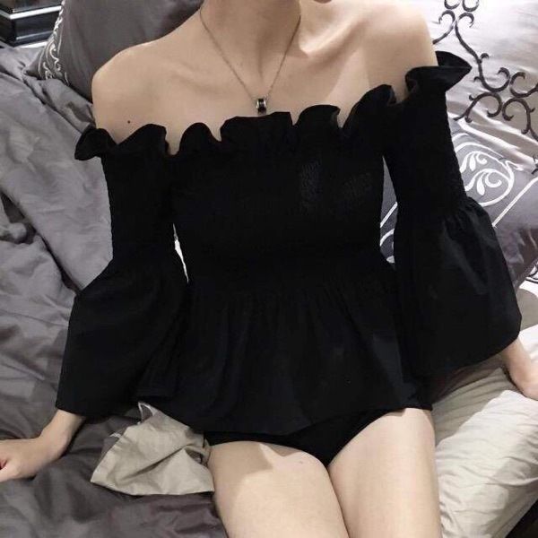 korean autumn women's t-shirt slim fit versatile pure black one coat t-shirt line collar open shoulder lotus leaf hem flared sleeve top, White
korean autumn women's t-shirt slim fit versatile pure black one coat t-shirt line collar open shoulder lotus leaf hem flared sleeve top, White