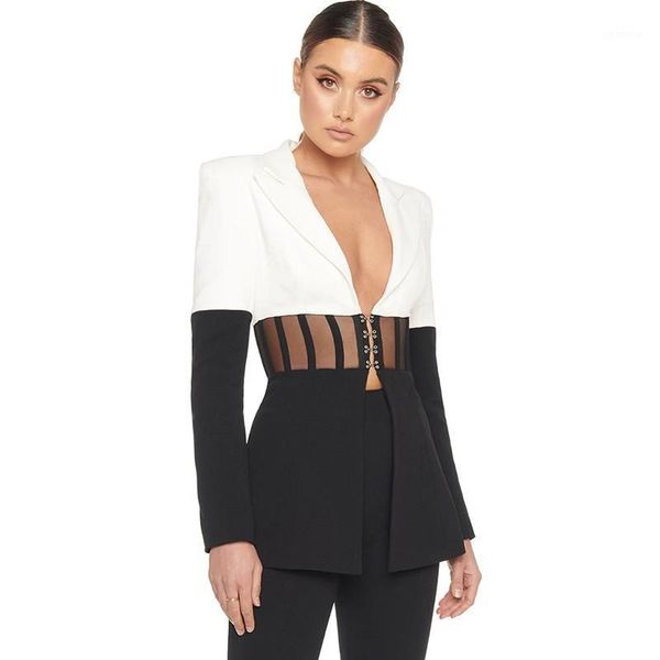 2020 autumn and winter new black and white stitching women's perspective v-neck long sleeve all-match temperament suit1, White;black
2020 autumn and winter new black and white stitching women's perspective v-neck long sleeve all-match temperament suit1, White;black