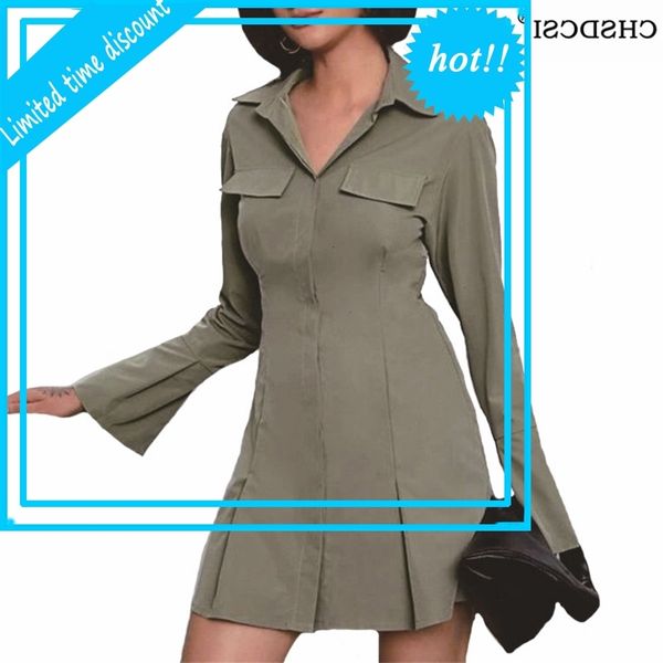 chsdcsi women's dresses 2021 spring elegant button army green solid long mouwen short collar mini jurk mode, Black
chsdcsi women's dresses 2021 spring elegant button army green solid long mouwen short collar mini jurk mode, Black