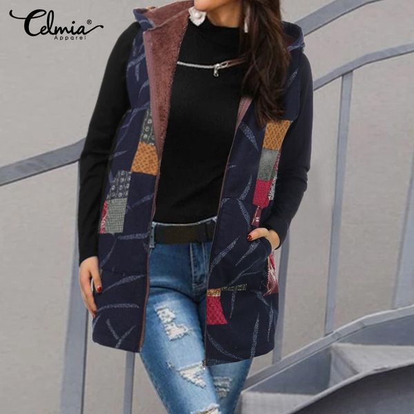 women's jackets celmia 2021 winter warm coats women sleeveless zipper female hooded windbreaker plush outwear kaftan print vintage, Black;brown
women's jackets celmia 2021 winter warm coats women sleeveless zipper female hooded windbreaker plush outwear kaftan print vintage, Black;brown