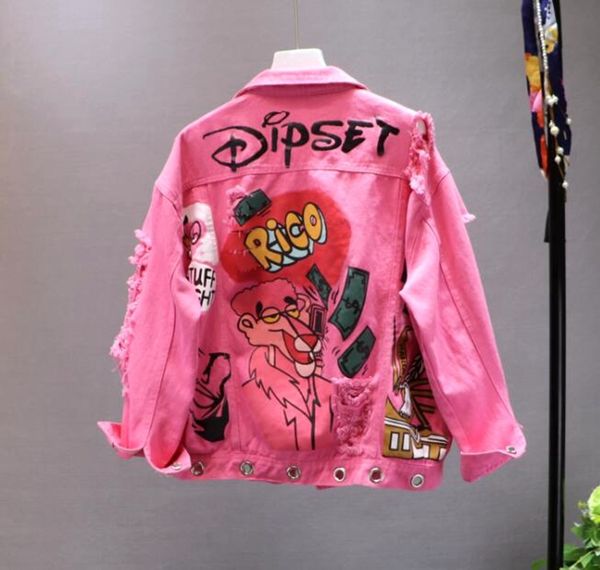 female high street holes denim coat novelty turn down collar long sleeved jacket cartoon letter print casual chains outerwearx1016, Black;brown
female high street holes denim coat novelty turn down collar long sleeved jacket cartoon letter print casual chains outerwearx1016, Black;brown