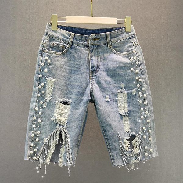 solid beaded denim knee-length women jeans summer new high waist beaded hole holw tassel female jeans quality, Blue
solid beaded denim knee-length women jeans summer new high waist beaded hole holw tassel female jeans quality, Blue