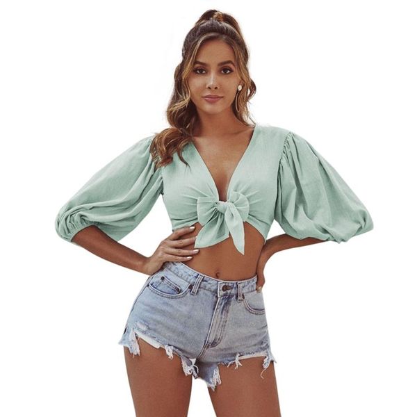 elegant casual v-neck tie bow summer shirt women long sleeve cropped blouse holiday beach short, White
elegant casual v-neck tie bow summer shirt women long sleeve cropped blouse holiday beach short, White