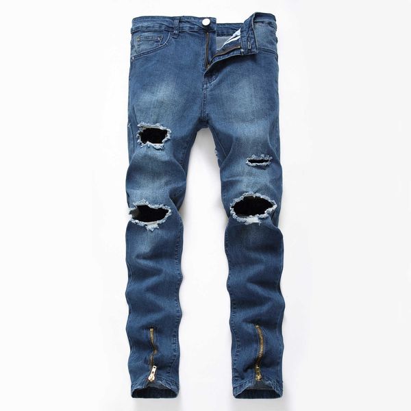 wear perforated leg zipper elastic tight slim men's jeans blue pants