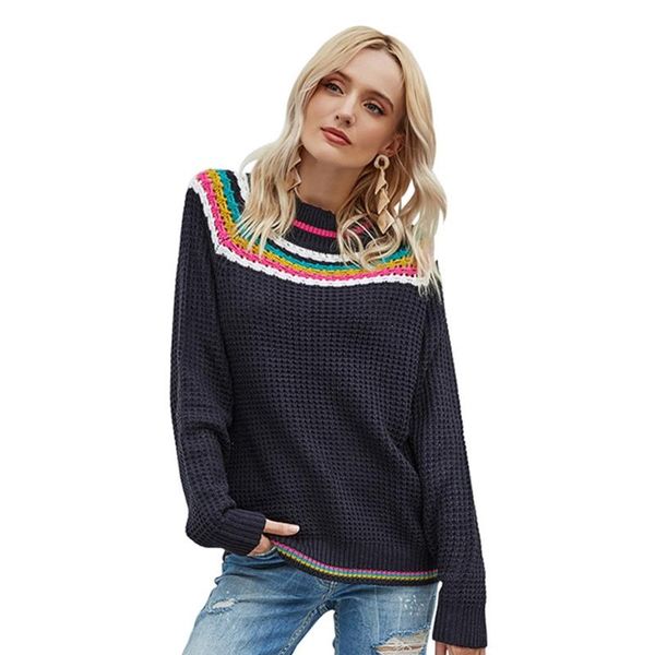 women long sleeve chunky knitted sweater color block rainbow stripes jumper, White;black
women long sleeve chunky knitted sweater color block rainbow stripes jumper, White;black