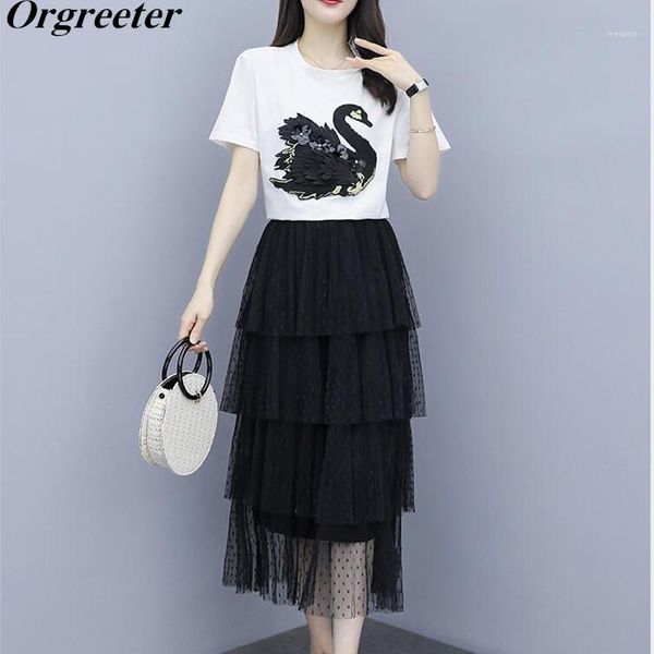 2020 summer women embroidery swan t-shirt + polka dot cascading ruffle mesh long skirt 2 pieces sets female1, White
2020 summer women embroidery swan t-shirt + polka dot cascading ruffle mesh long skirt 2 pieces sets female1, White
