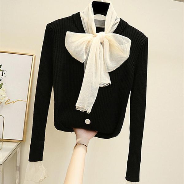 women's sweaters fall 2021 women bow neck elegant knitted sweater female korean fashion casual pullover ladies jumper pull femme rope, White;black 
women's sweaters fall 2021 women bow neck elegant knitted sweater female korean fashion casual pullover ladies jumper pull femme rope, White;black
