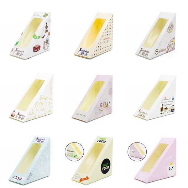 disposable sandwich packaging box white card baking cake paper box with window picnic party food triangle shape packing case
disposable sandwich packaging box white card baking cake paper box with window picnic party food triangle shape packing case