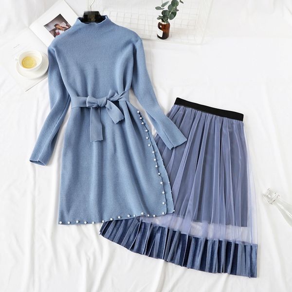 elegant stylish half turtleneck long sweater dress + pleated velvet skirt 2pcs women beaded sashes kitted and mesh skirt set t200702, White
elegant stylish half turtleneck long sweater dress + pleated velvet skirt 2pcs women beaded sashes kitted and mesh skirt set t200702, White