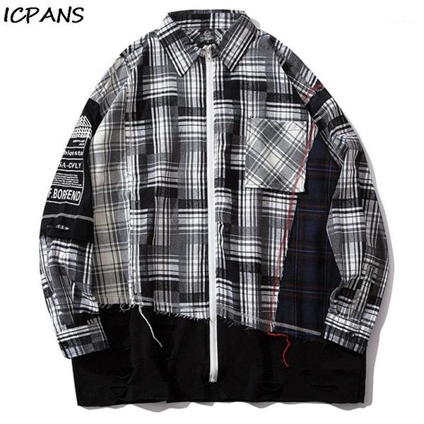 icpans patchwork pocket long sleeve zipper plaid shirt hip hop streetwear dress shirts distressed destroyed holes color block1, White;black
icpans patchwork pocket long sleeve zipper plaid shirt hip hop streetwear dress shirts distressed destroyed holes color block1, White;black