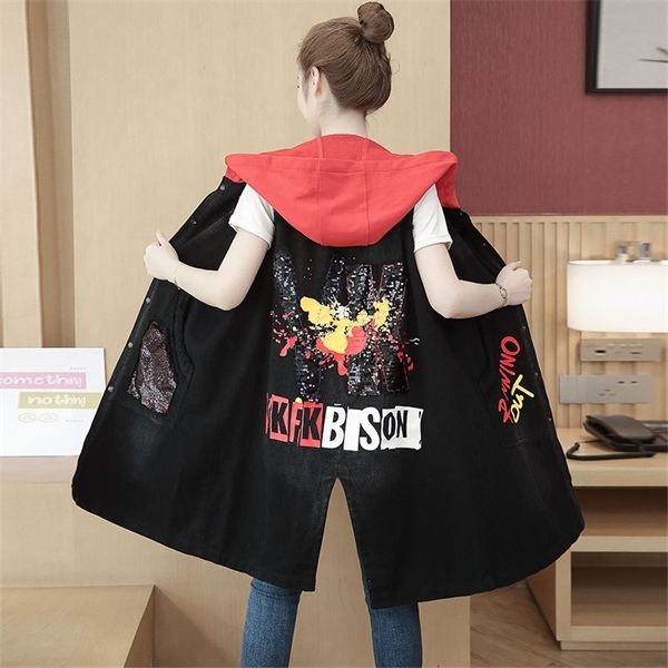 #3372 black long denim vest women with hooded harajuku casual plus size jeans vest women loose long waistcost back sequins split 1023, Black;white
#3372 black long denim vest women with hooded harajuku casual plus size jeans vest women loose long waistcost back sequins split 1023, Black;white