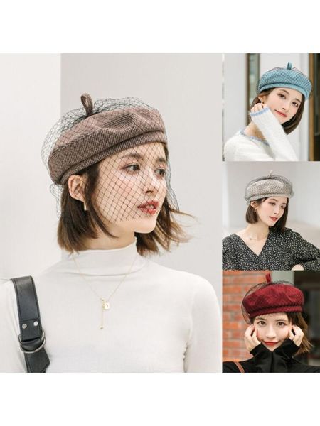 women vintage solid color beret cap with mesh veil winter british beanie hat h7ef, Blue;gray
women vintage solid color beret cap with mesh veil winter british beanie hat h7ef, Blue;gray