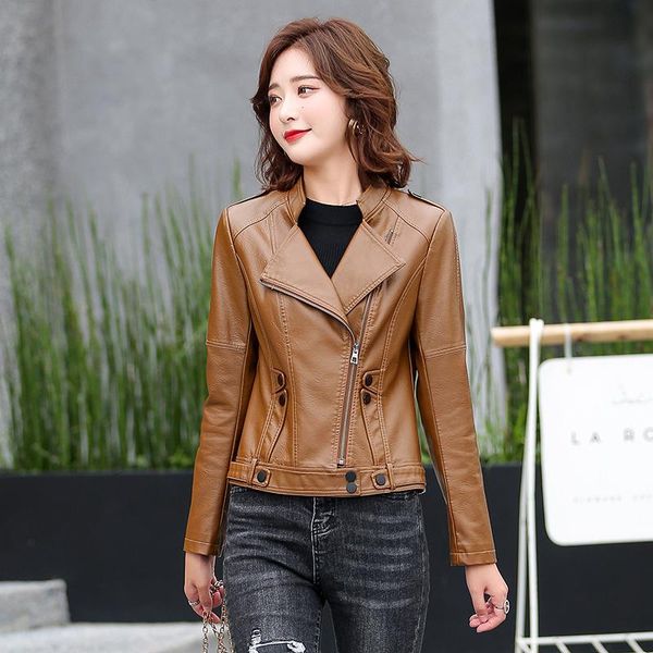 women's leather & faux spring autumn women jacket ladies solid with belt zipper biker coat female casual outwear t107, Black
women's leather & faux spring autumn women jacket ladies solid with belt zipper biker coat female casual outwear t107, Black