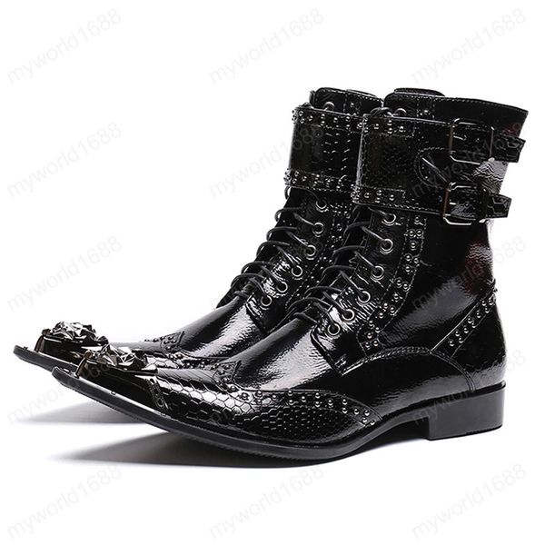 man belt punk footwear pointed toe high-motorcycle shoes patent leather men's rivet long boots, Black
man belt punk footwear pointed toe high-motorcycle shoes patent leather men's rivet long boots, Black