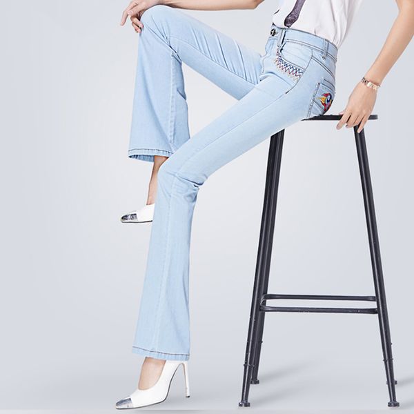 summer new slim elastic women's long embroidery jeans high waist flare pants lightweight office lady plus size fashion girl, Blue
summer new slim elastic women's long embroidery jeans high waist flare pants lightweight office lady plus size fashion girl, Blue