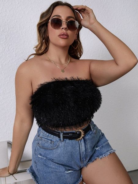 plus backless crop fuzzy tube w85e#, Black