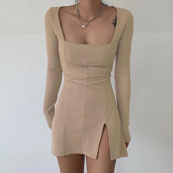 side split square collar long sleeve spring dress women knitted bodycon party clubwear mini dresses 2020, Black;gray
side split square collar long sleeve spring dress women knitted bodycon party clubwear mini dresses 2020, Black;gray