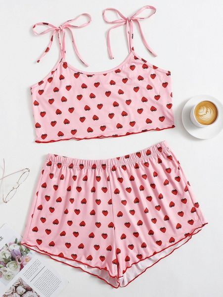plus allover strawberry print lettuce trim cami pj set o91y#, Black;white
plus allover strawberry print lettuce trim cami pj set o91y#, Black;white