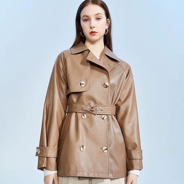hadara fashion tie belt pu leather trench women elegant solid double breasted trench women loose turn down collar ladies, Tan;black
hadara fashion tie belt pu leather trench women elegant solid double breasted trench women loose turn down collar ladies, Tan;black
