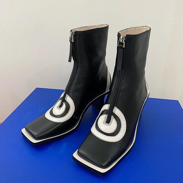 strange style high heel short boots women square toe geometric circle mixed color ankle botas 2020 autumn front zipper boots, Black
strange style high heel short boots women square toe geometric circle mixed color ankle botas 2020 autumn front zipper boots, Black