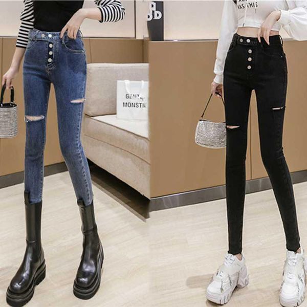 

autumn and winter new style pants high waist ripped denim trousers women trousers pencil jeans ladies tight fashion slim-fi1, Blue
