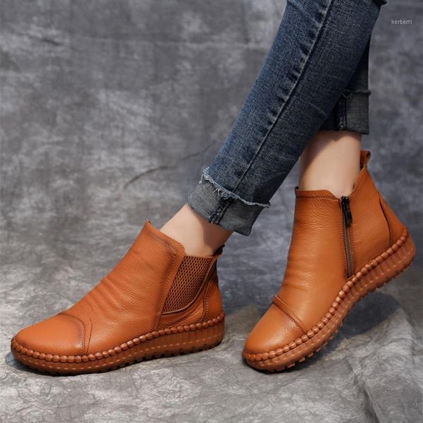 boots genuine cow leather shoes for women flat with winter retro handmade round toe 20211, Black