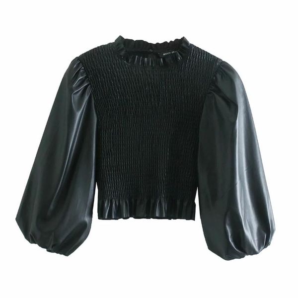 women pu leather elastic short shirt casual femme lantern sleeve blouse fashion lady slim blusas s8136, White
women pu leather elastic short shirt casual femme lantern sleeve blouse fashion lady slim blusas s8136, White