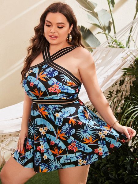plus plant print flounce hem bikini swimsuit r8bg#, Black