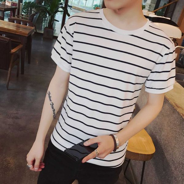 2021 men's striped short t-shirt summer thread korean trend slim fitting student half sleeve bottom coat, White;black
2021 men's striped short t-shirt summer thread korean trend slim fitting student half sleeve bottom coat, White;black