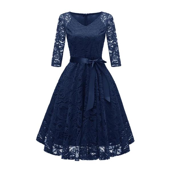 women lace dress fashion see through v-neck 3/4 sleeve elegant midi dresses plus size hollow out party gown vestidos with sashes, Black;gray
women lace dress fashion see through v-neck 3/4 sleeve elegant midi dresses plus size hollow out party gown vestidos with sashes, Black;gray