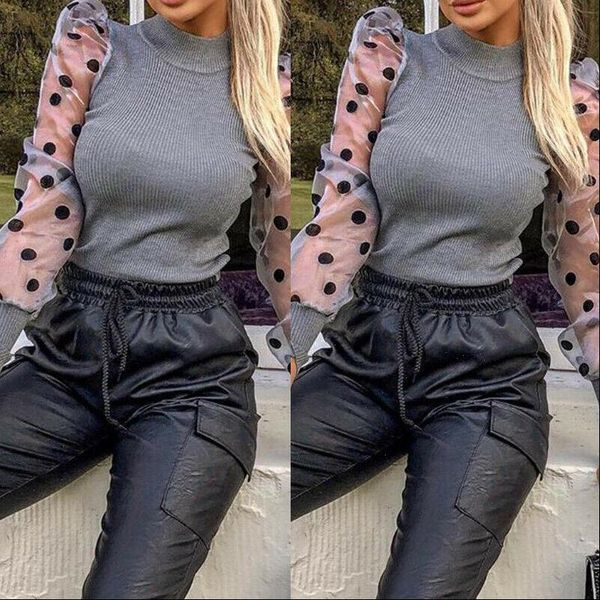 women sheer mesh puff long sleeve patchwork knit blouse polka dot perspective slim high collar autumn pullover, White
women sheer mesh puff long sleeve patchwork knit blouse polka dot perspective slim high collar autumn pullover, White