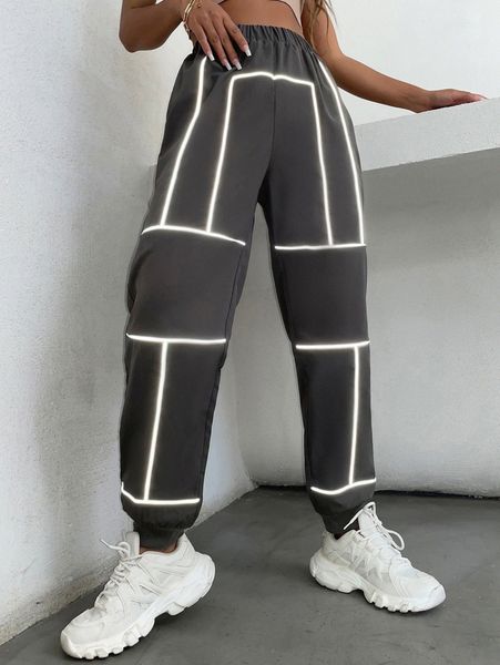 contrast reflective piping pants f8fe#, Black;white