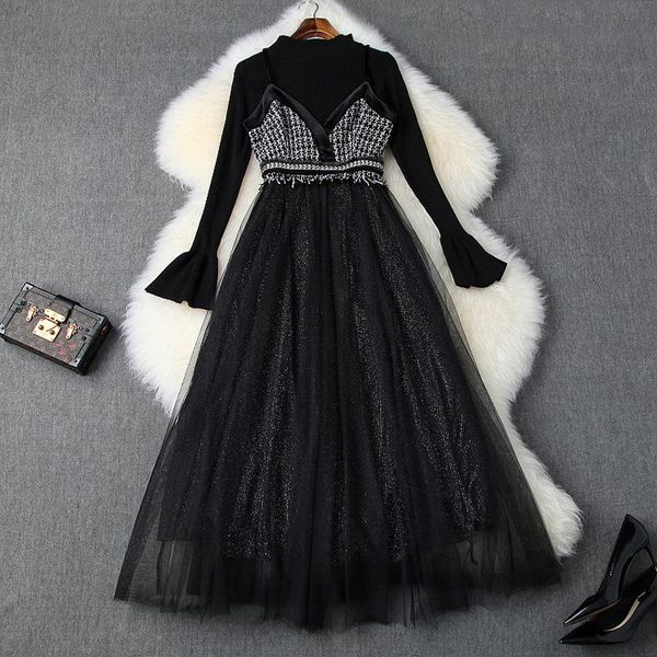 two piece dress women autumn winter black spaghetti strap studded waist tweed patchwork mesh + knitted pulover 2021, White
two piece dress women autumn winter black spaghetti strap studded waist tweed patchwork mesh + knitted pulover 2021, White