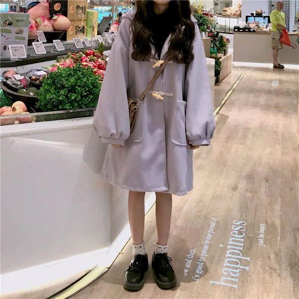 women's wool & blends woolen coat solid color girl thickened with hat lantern sleeves horns purple loose cotton long sweet, Black
women's wool & blends woolen coat solid color girl thickened with hat lantern sleeves horns purple loose cotton long sweet, Black