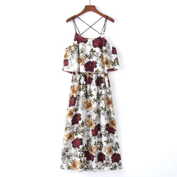 printed wind new peony cross suspender dress, Black;gray