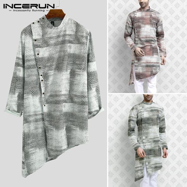 men irregular long shirts stand collar long sleeve man vintage printed muslim dress shirts abaya kaftan robes incerun1, White;black
men irregular long shirts stand collar long sleeve man vintage printed muslim dress shirts abaya kaftan robes incerun1, White;black