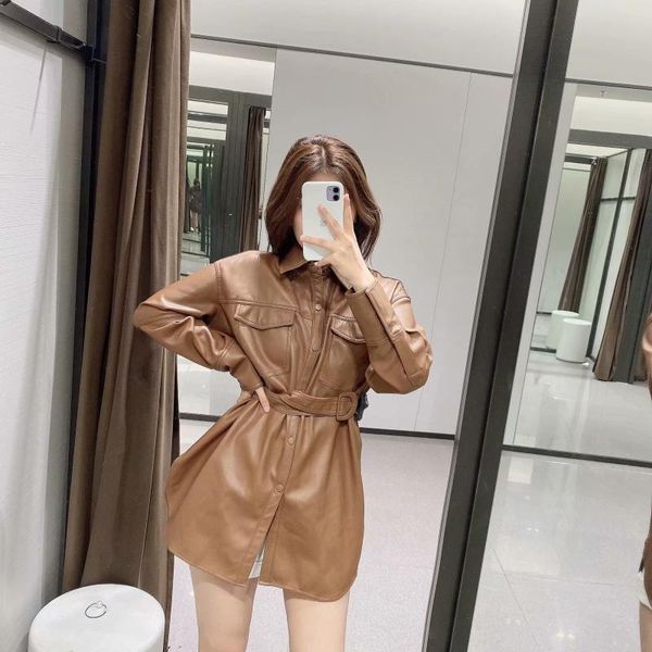 new french solid belt imitation leather shirt turn down collar single breasted coat woman jacket, Black;brown
new french solid belt imitation leather shirt turn down collar single breasted coat woman jacket, Black;brown