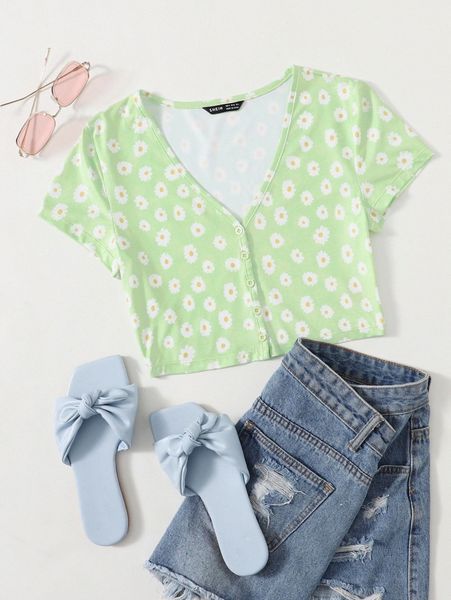 single breasted daisy floral print tee v4bb#, White
single breasted daisy floral print tee v4bb#, White