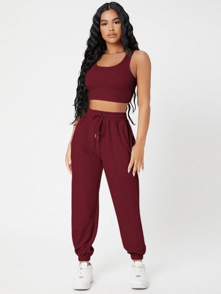 petite solid crop tank and joggers set l3g5#, White
