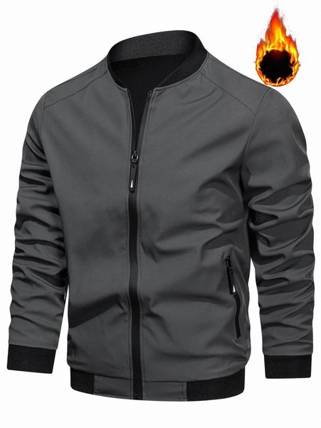 men solid thermal lined zip-up bomber jacket 09jm#, Black;brown