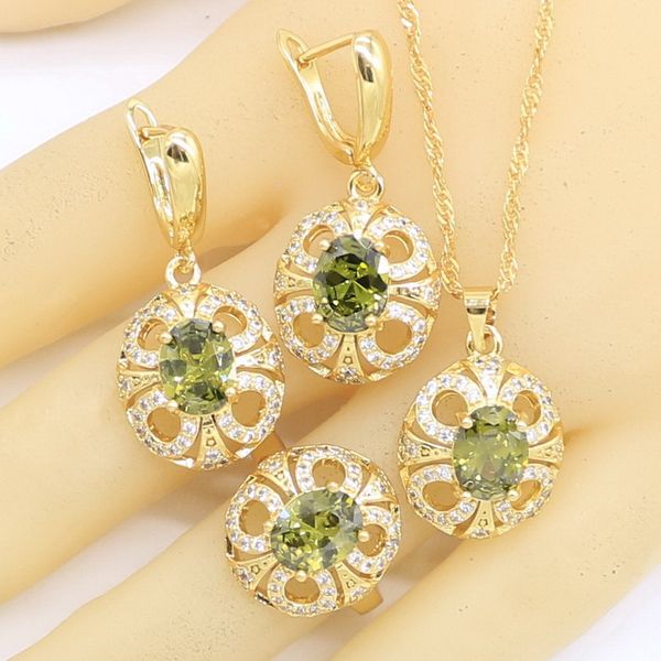 new olive green zircon gold color jewelry sets for women earrings necklace pendant rings gift box 
new olive green zircon gold color jewelry sets for women earrings necklace pendant rings gift box