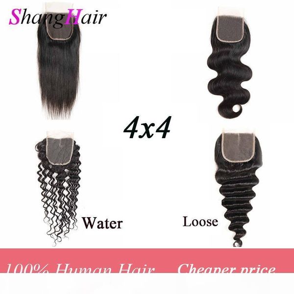 brazilian remy human hair straight virgin hair 4x4 lace closure body deep water wave hair lace closure loose deep 1 2 4pcs, Black;brown