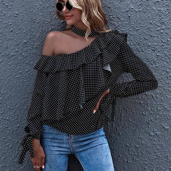 women polka dot print long sleeve shirt blouse 2021 spring summer skew collar ruffles off shoulder loose casual 1, White
women polka dot print long sleeve shirt blouse 2021 spring summer skew collar ruffles off shoulder loose casual 1, White