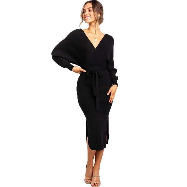 women elegant deep v neck long sleeve midi knitted dress autumn winter side split bandage wrap hip slim dress tunic vestido, Black;gray
women elegant deep v neck long sleeve midi knitted dress autumn winter side split bandage wrap hip slim dress tunic vestido, Black;gray
