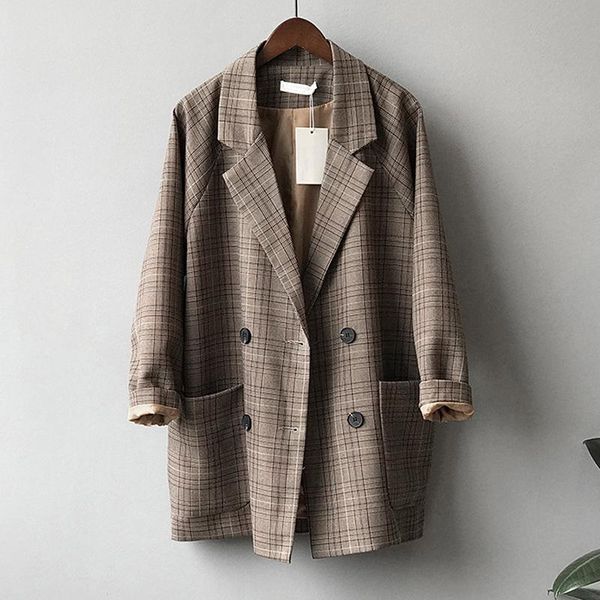 vintage plaid blazer jacket for women loose long sleeve office coat with pockets casual double breasted outerwear, White;black
vintage plaid blazer jacket for women loose long sleeve office coat with pockets casual double breasted outerwear, White;black