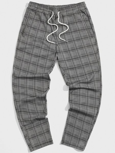 men plaid print drawstring waist pants b06a#, Black