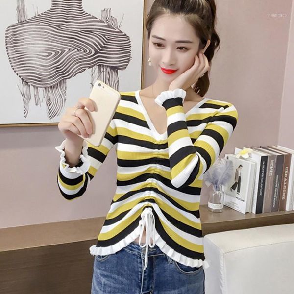 autumn new v-neck long-sleeved women's knit pullover fashion trend rainbow striped drawstring sweater #e1, White;black
autumn new v-neck long-sleeved women's knit pullover fashion trend rainbow striped drawstring sweater #e1, White;black