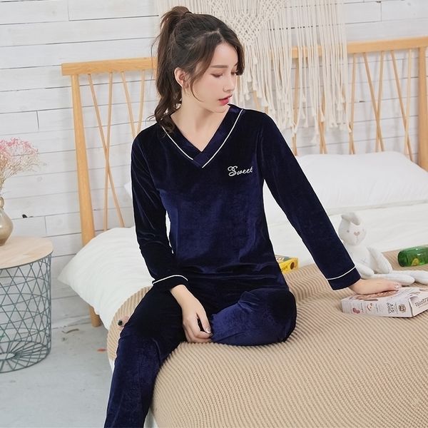 

autumn winter gold velvet v-neck pajama sets for women long sleeve sleepwear suit pyjama homewear pijama mujer home clothes 201114, Black;red