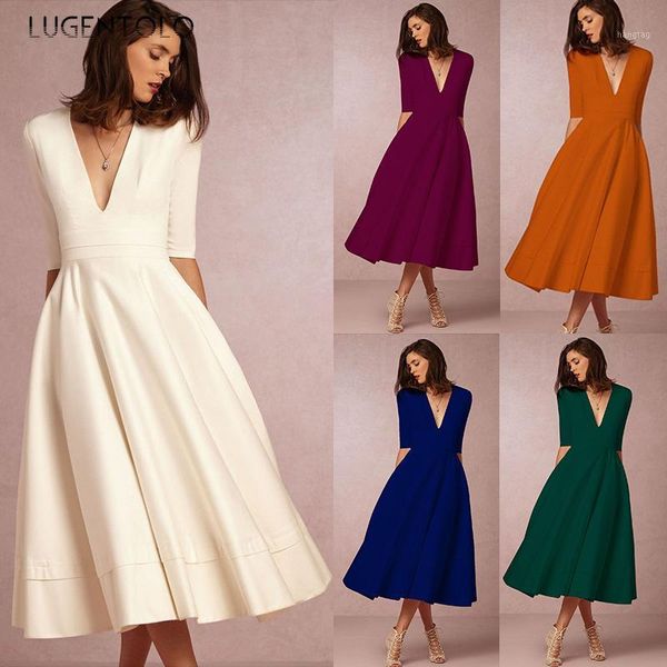 lugentolo women dress spring summer lady deep v-neck dinner plus size elegant solid party high-end high waist maxi dresses1, Black;gray 
lugentolo women dress spring summer lady deep v-neck dinner plus size elegant solid party high-end high waist maxi dresses1, Black;gray